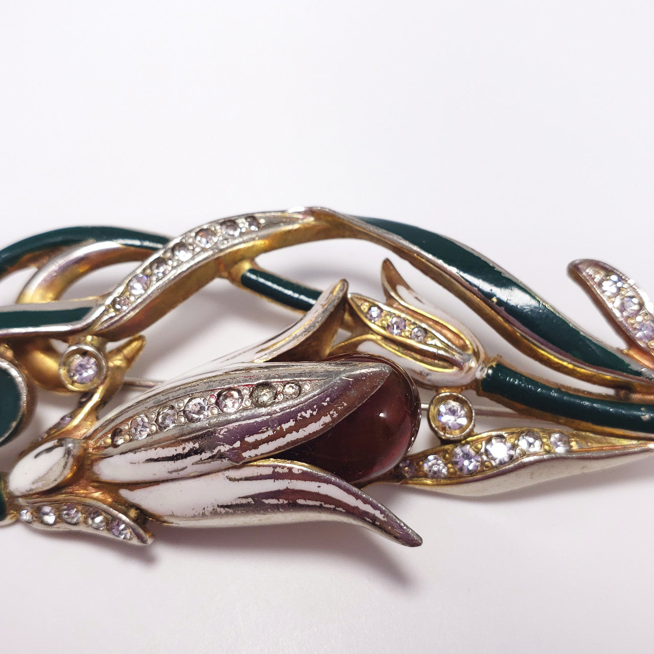 Coro Carmen Miranda Hanging Enameled & Crystal Bulb Flower Brooch Pin in Gold & Rhodium Plating