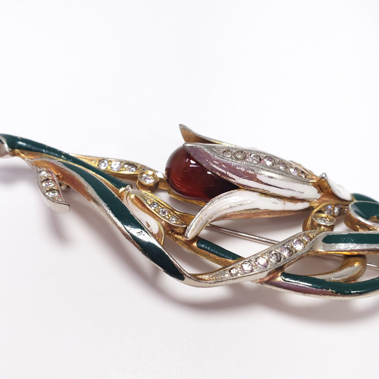 Coro Carmen Miranda Hanging Enameled & Crystal Bulb Flower Brooch Pin in Gold & Rhodium Plating