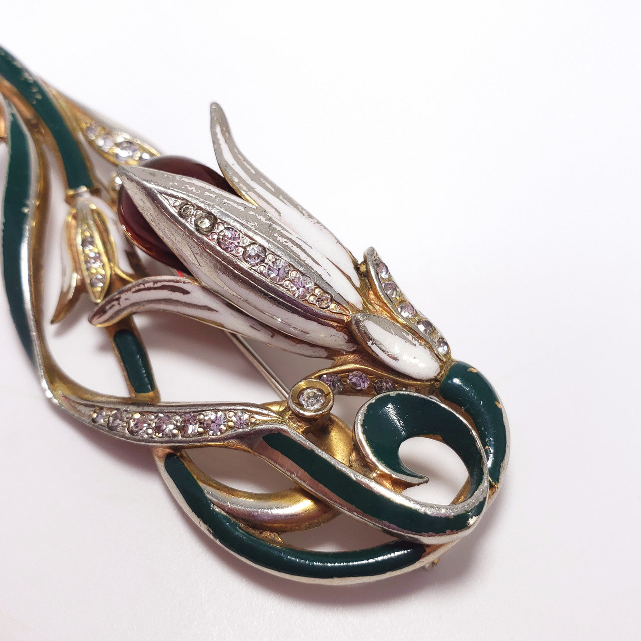 Coro Carmen Miranda Hanging Enameled & Crystal Bulb Flower Brooch Pin in Gold & Rhodium Plating