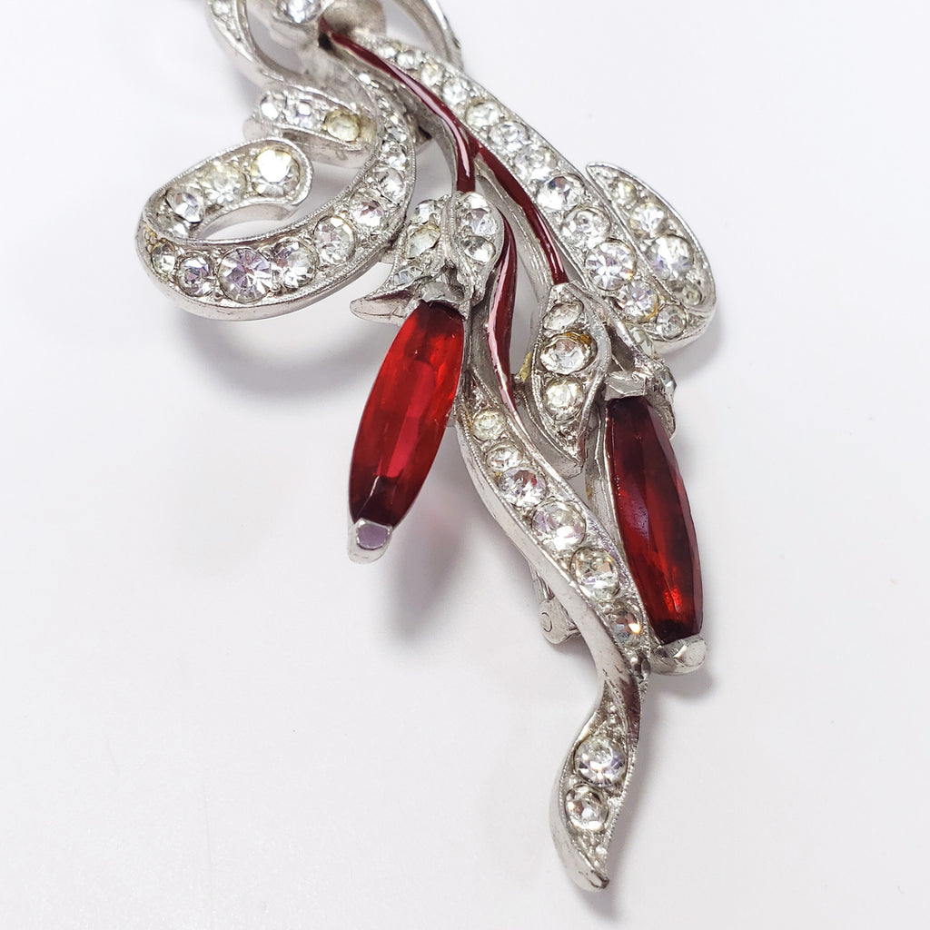 Vintage Alfred Philippe Trifari Red & Clear Crystal Flower Brooch Rhodium Plated