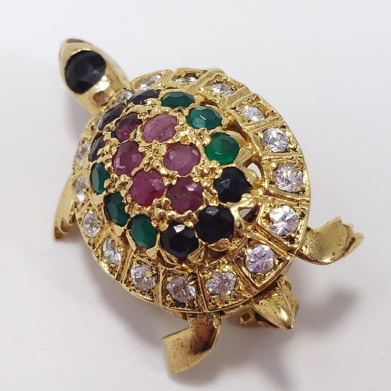 Pave Gemstone Vermeil Turtle Brooch/Pin/Pendant Genuine Rubies Emeralds Sapphire