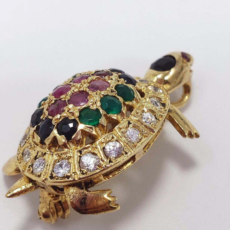 Pave Gemstone Vermeil Turtle Brooch/Pin/Pendant Genuine Rubies Emeralds Sapphire