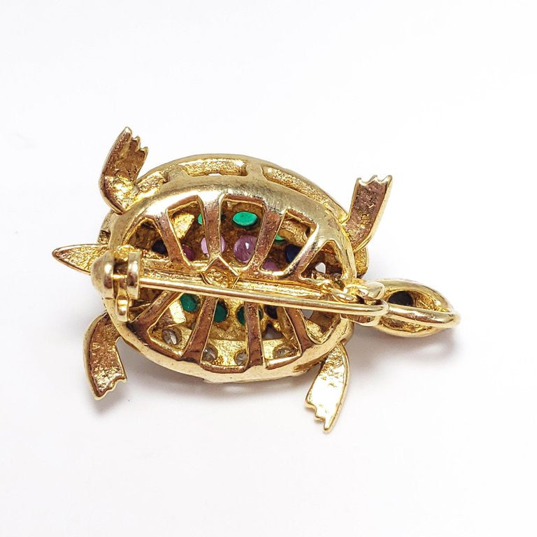 Pave Gemstone Vermeil Turtle Brooch/Pin/Pendant Genuine Rubies Emeralds Sapphire