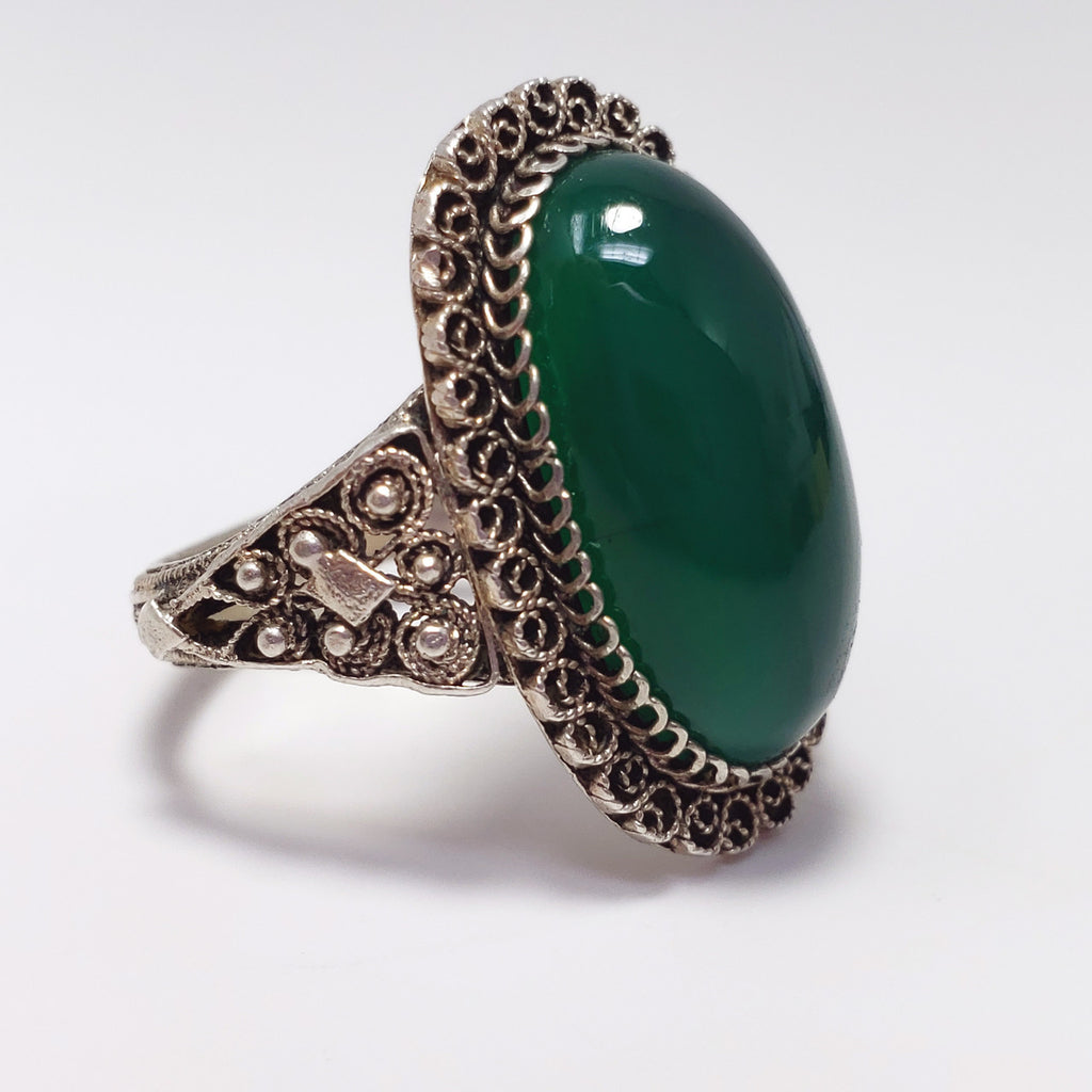 Antique Victorian Green Art Glass Cabochon .800 Silver Cocktail Ring Size 7