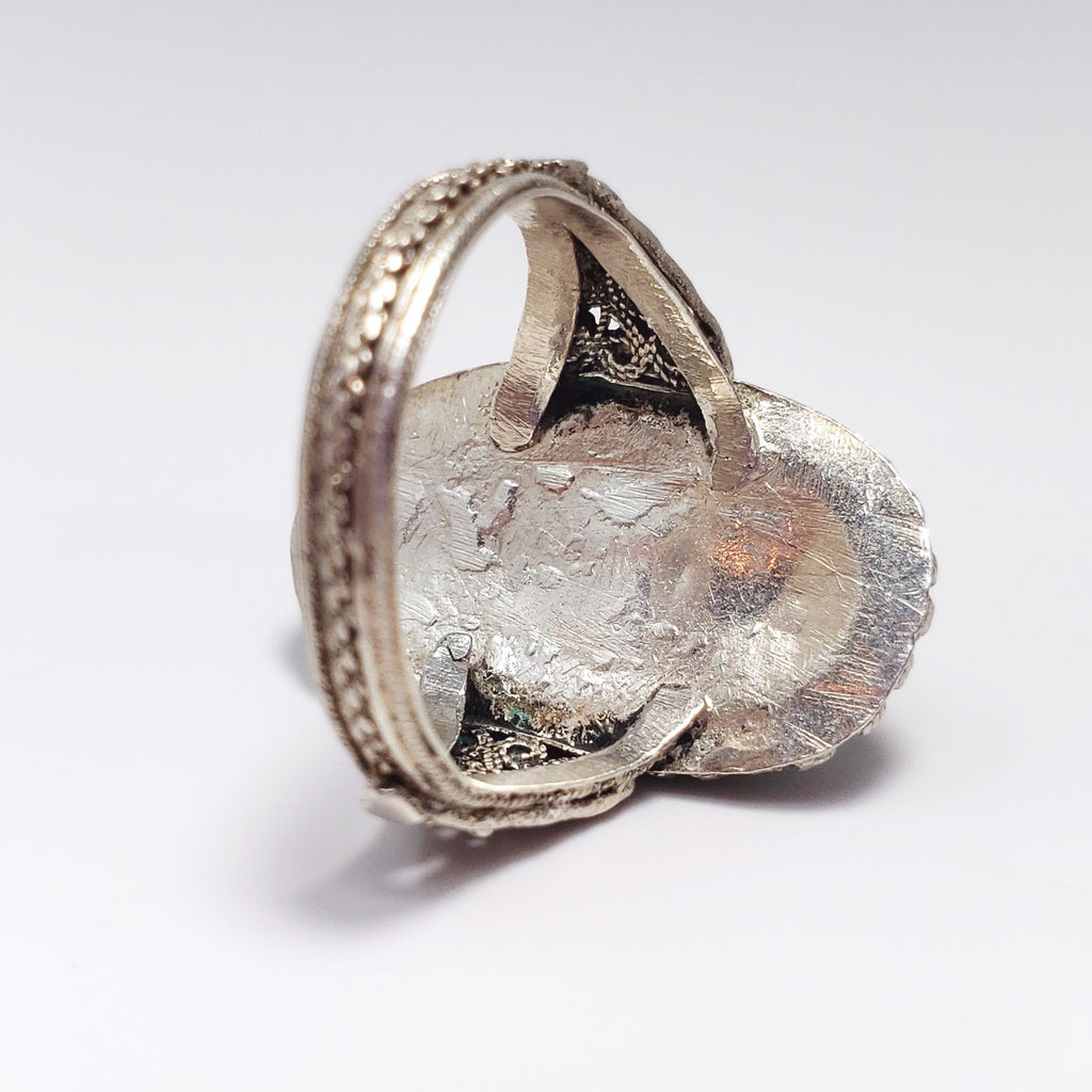 Antique Victorian Green Art Glass Cabochon .800 Silver Cocktail Ring Size 7