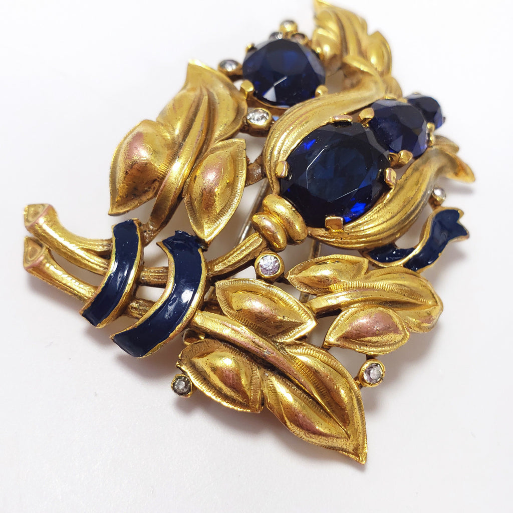 Vintage Trifari Crown Alfred Philippe Floral Bouquet Blue Crystal Dress Clip