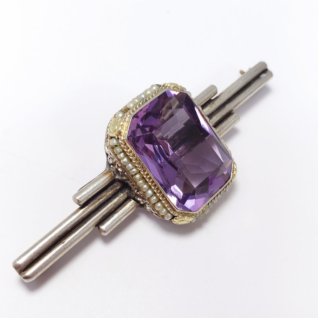 Antique Victorian Art Deco Amethyst & Seeded Pearl Sterling Silver Brooch / Pin