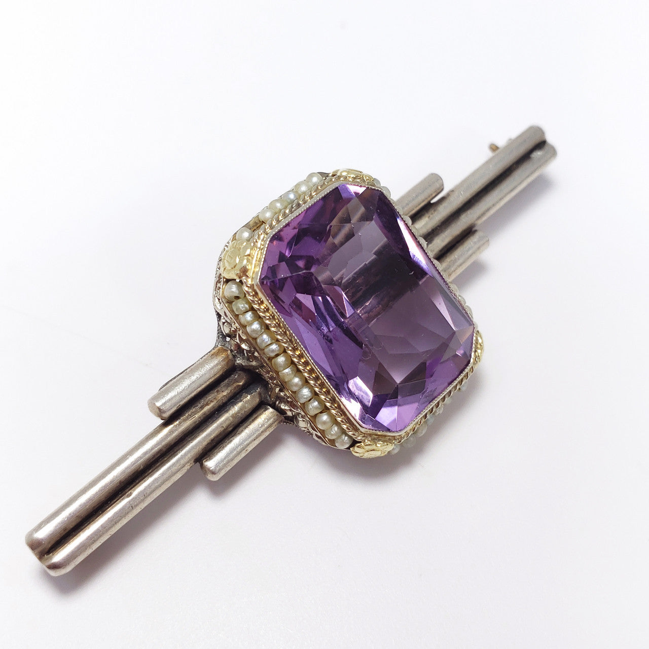Antique Victorian Art Deco Amethyst & Seeded Pearl Sterling Silver Brooch / Pin