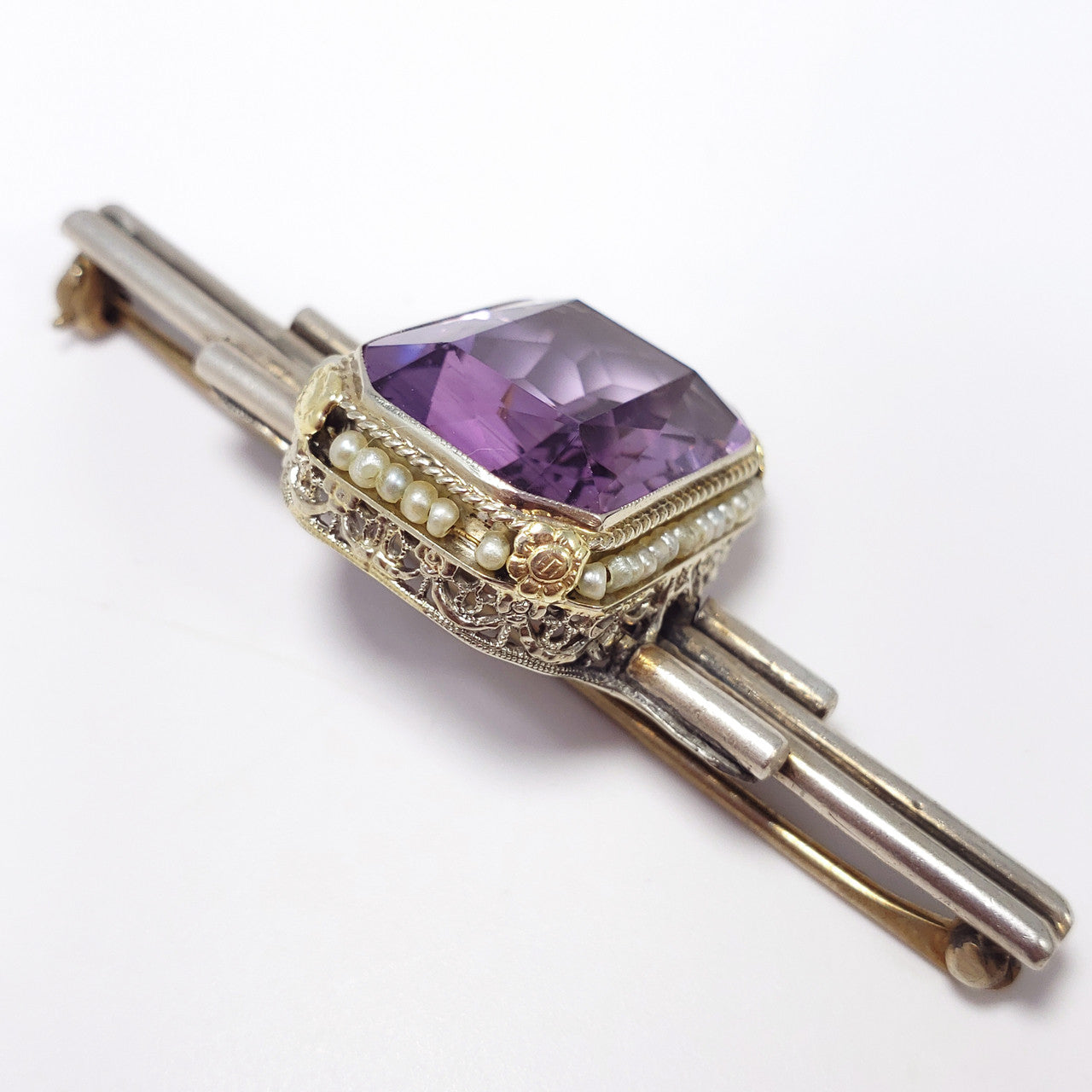 Antique Victorian Art Deco Amethyst & Seeded Pearl Sterling Silver Brooch / Pin