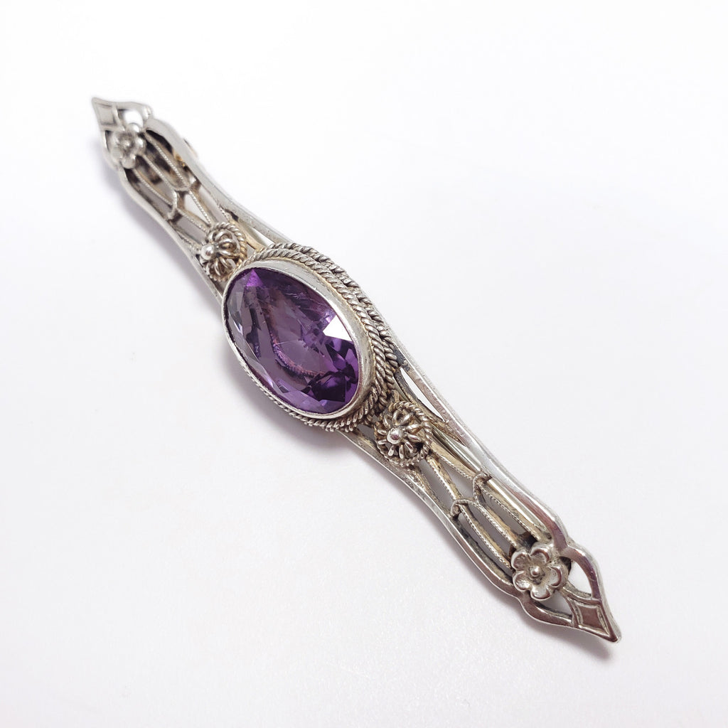 Antique Victorian Amethyst & Sterling Silver Floral Brooch / Sash Pin