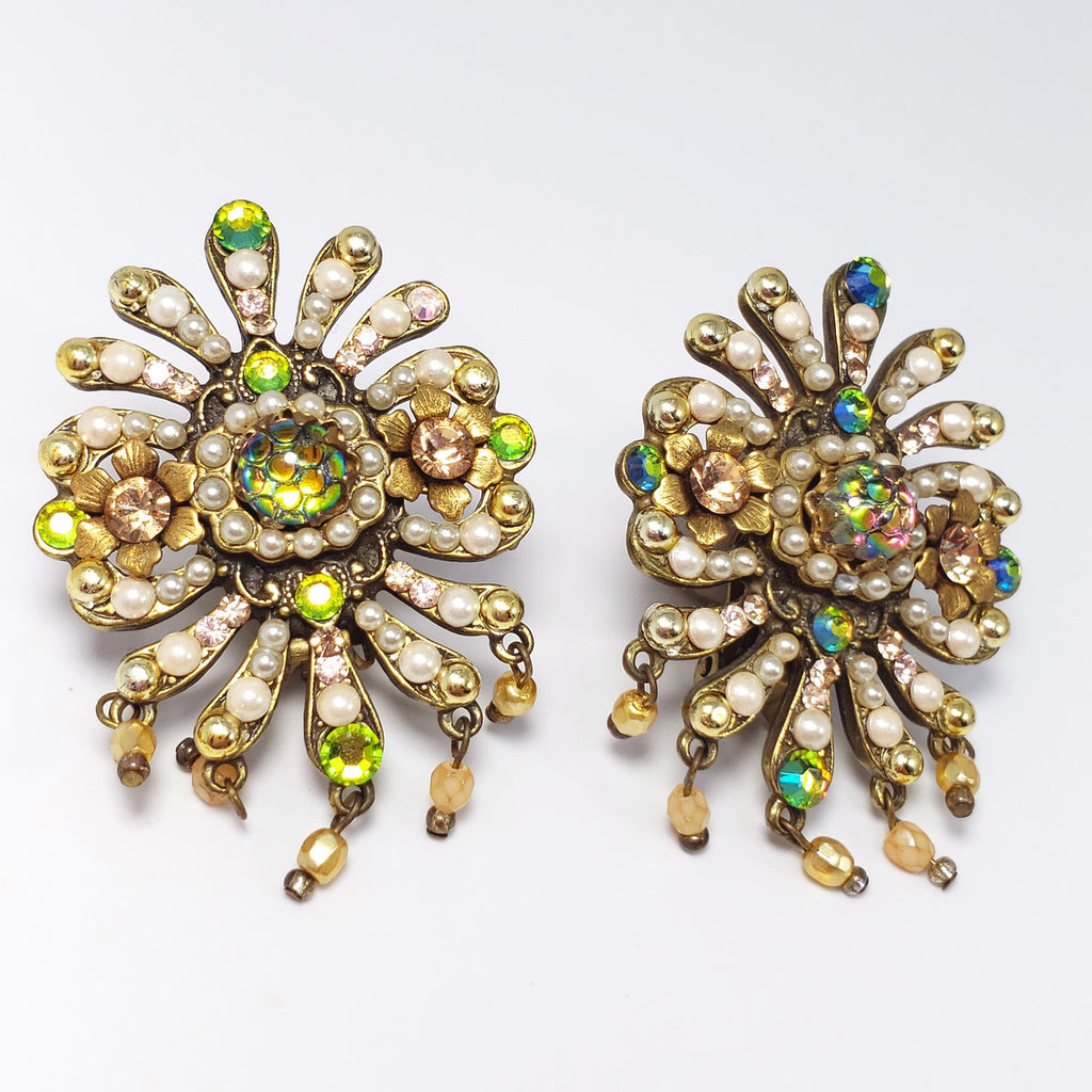 Vintage Michal Negrin Signed Faux Pearl & Watermelon Crystal Clip On Earrings