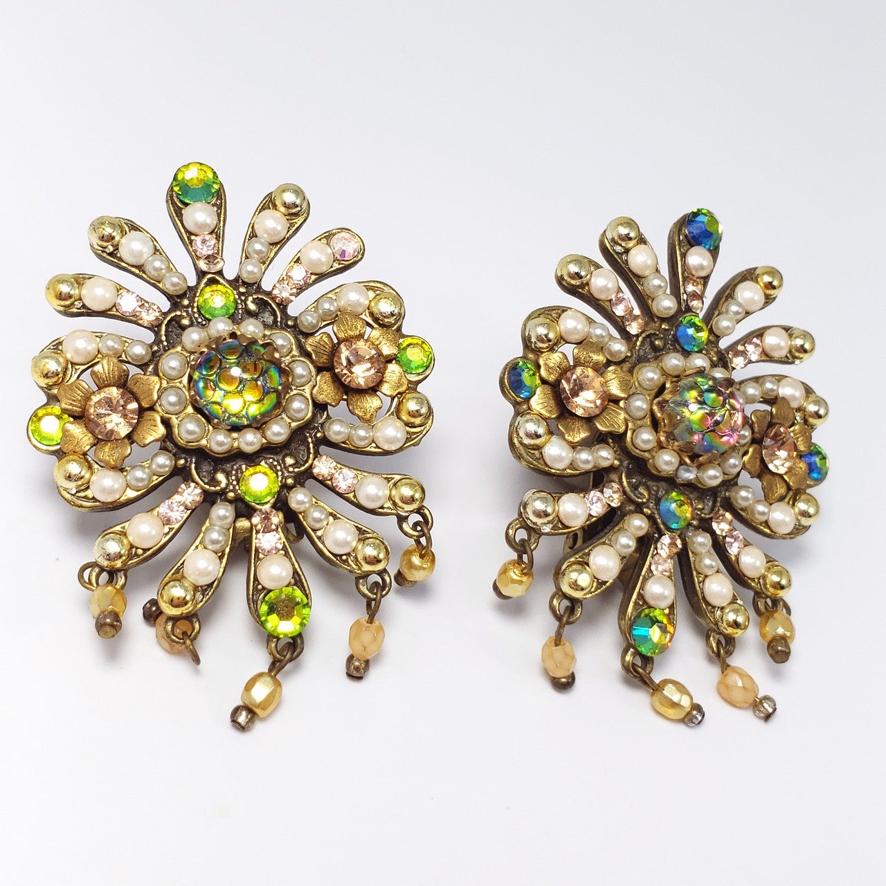 Vintage Michal Negrin Signed Faux Pearl & Watermelon Crystal Clip On Earrings