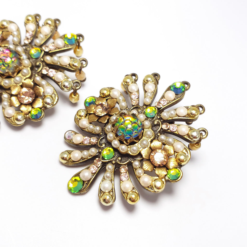 Vintage Michal Negrin Signed Faux Pearl & Watermelon Crystal Clip On Earrings