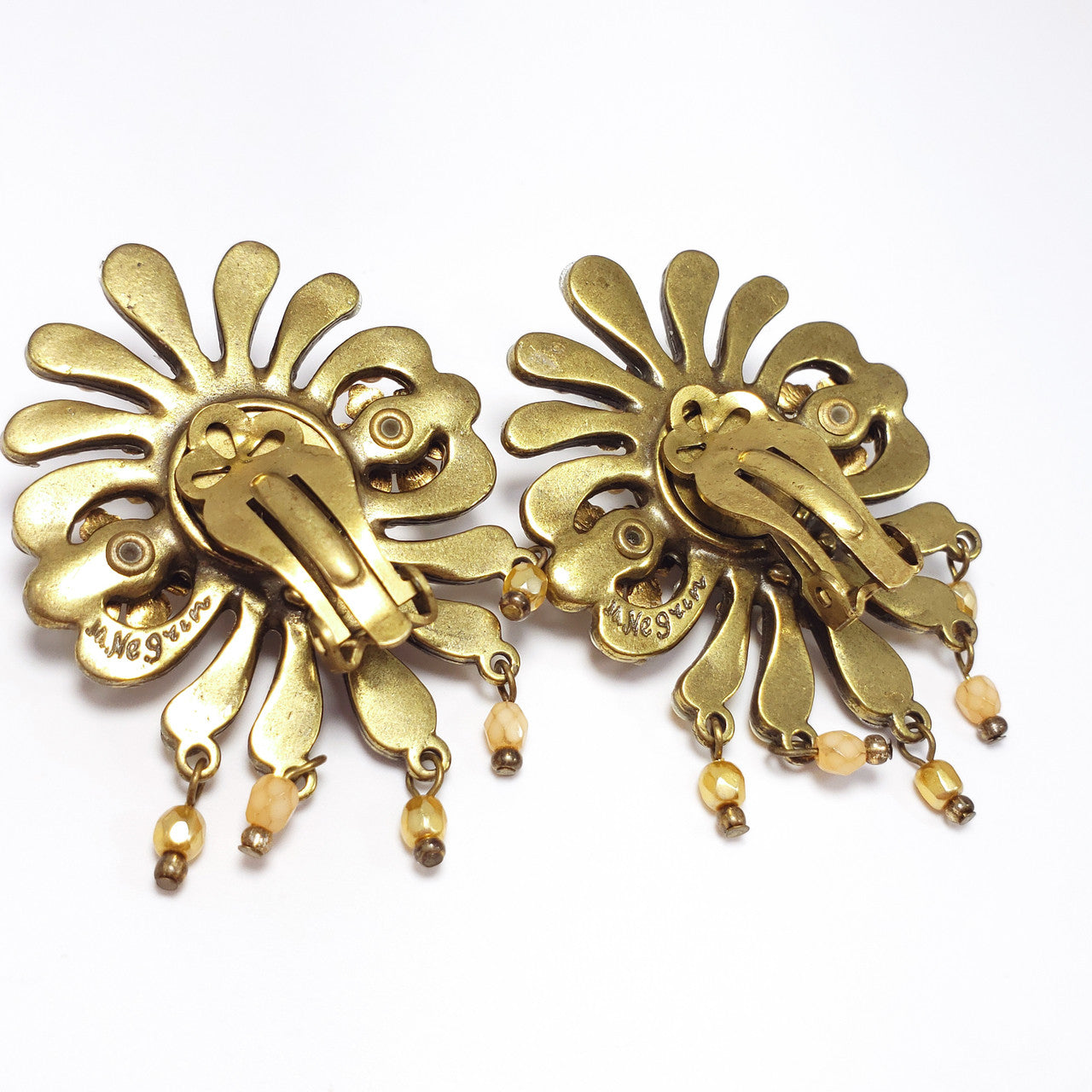 Vintage Michal Negrin Signed Faux Pearl & Watermelon Crystal Clip On Earrings