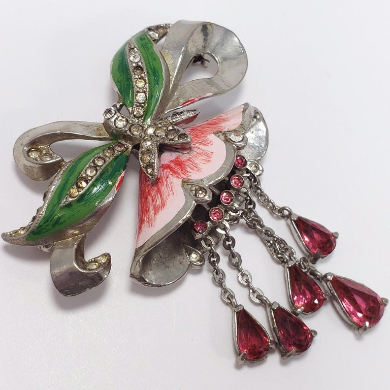 Collector's Coro "Nodders Flower" Brooch Pin with Crystals and Enamel
