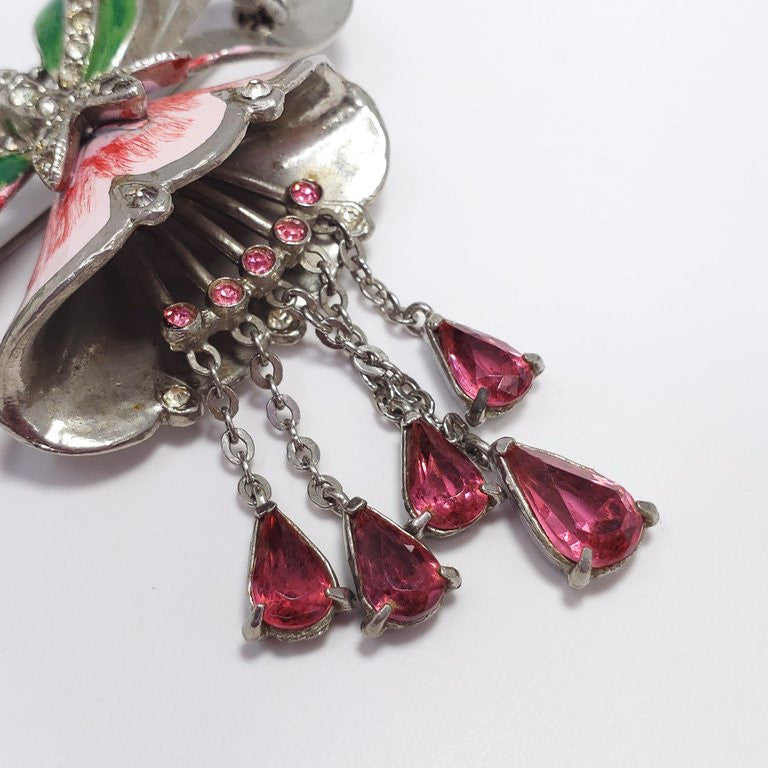 Collector's Coro "Nodders Flower" Brooch Pin with Crystals and Enamel