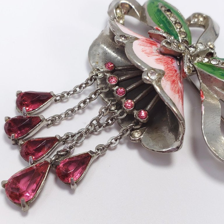 Collector's Coro "Nodders Flower" Brooch Pin with Crystals and Enamel
