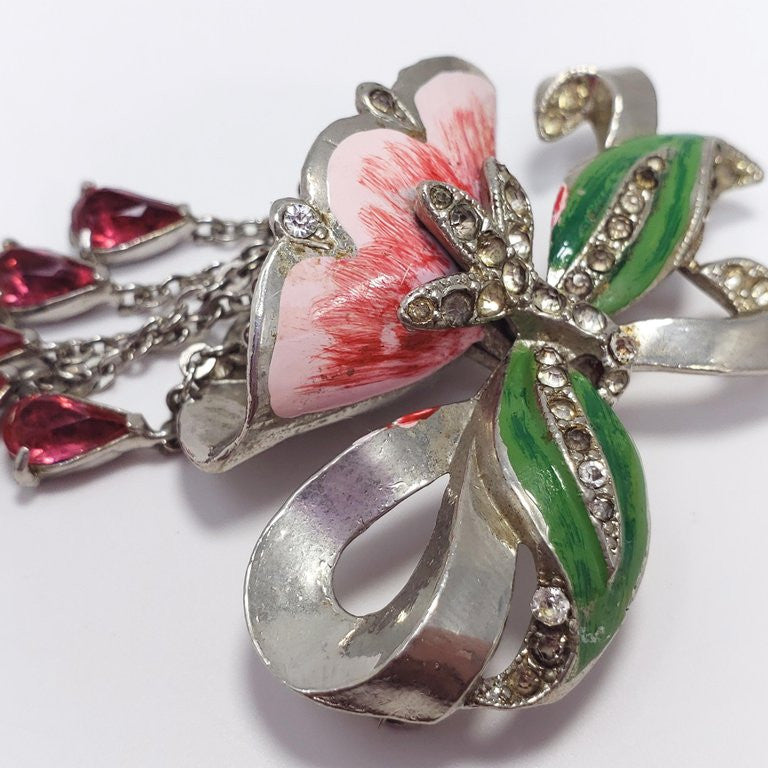 Collector's Coro "Nodders Flower" Brooch Pin with Crystals and Enamel