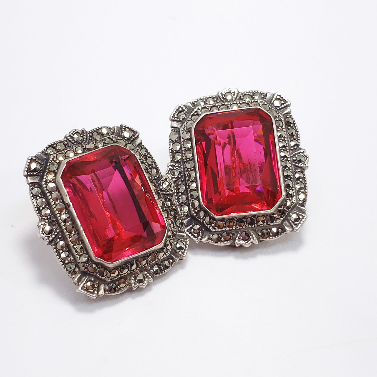 Antique Victorian Ruby-Colored Crystal & Marcasite Clip On Earrings in Sterling Silver