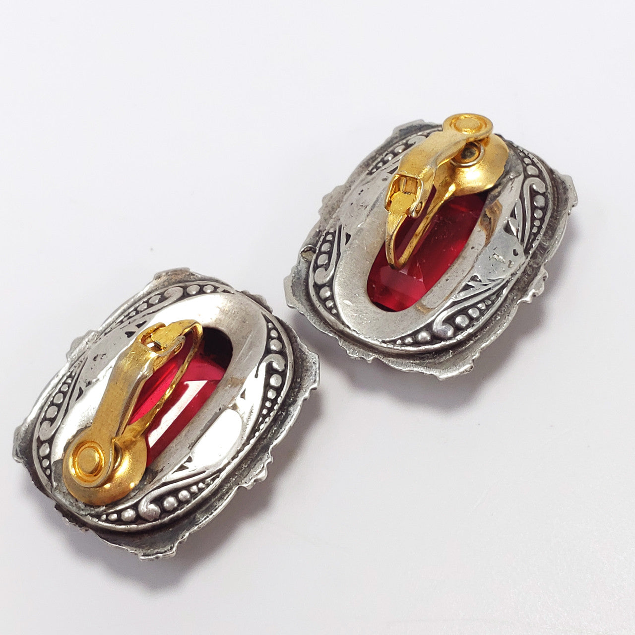 Antique Victorian Ruby-Colored Crystal & Marcasite Clip On Earrings in Sterling Silver