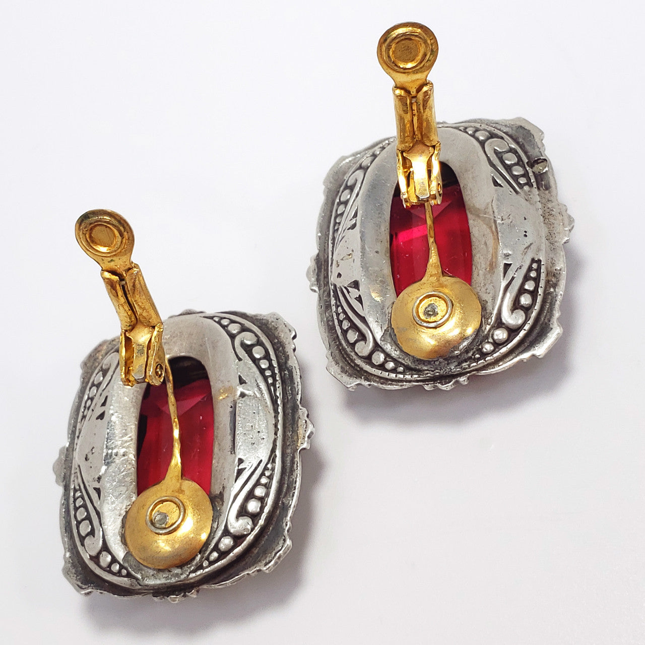 Antique Victorian Ruby-Colored Crystal & Marcasite Clip On Earrings in Sterling Silver