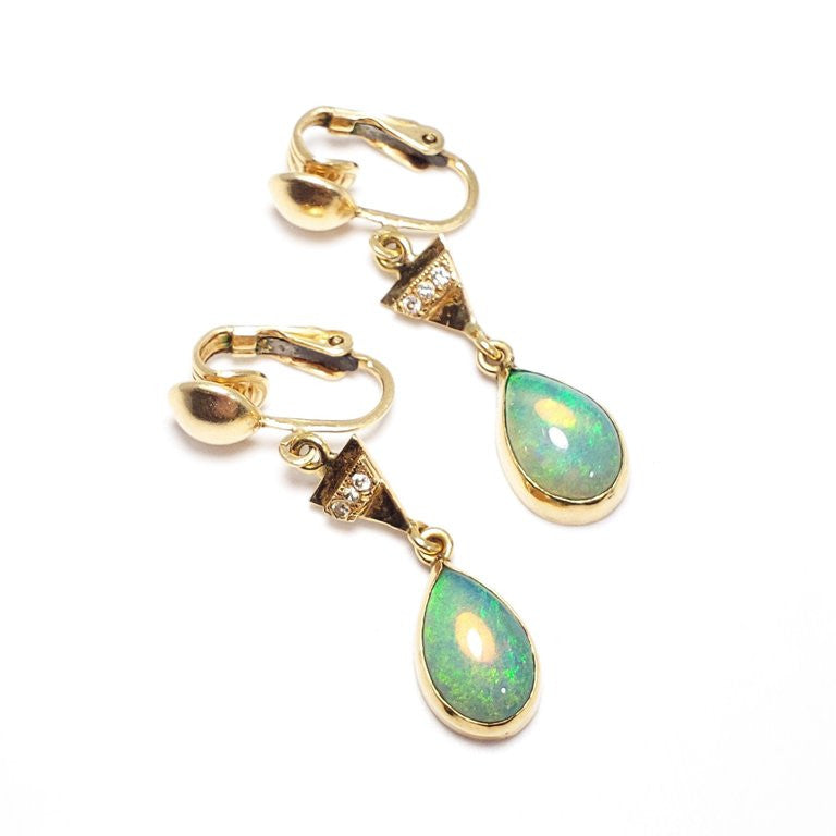 Vintage Opal and Diamond Dangling Teardrop Clip-On Earrings in 14 Karat Gold