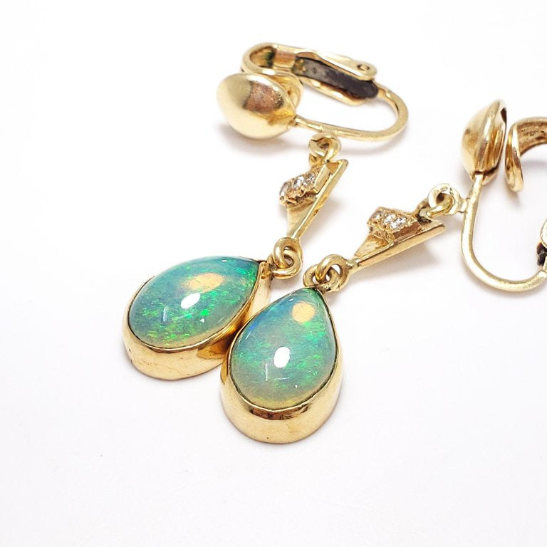 Vintage Opal and Diamond Dangling Teardrop Clip-On Earrings in 14 Karat Gold