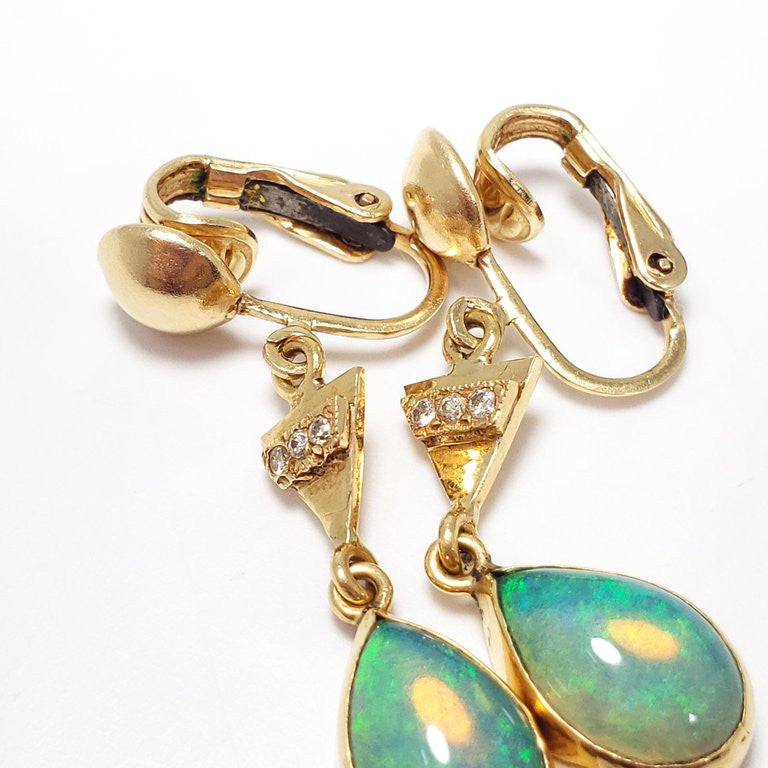 Vintage Opal and Diamond Dangling Teardrop Clip-On Earrings in 14 Karat Gold