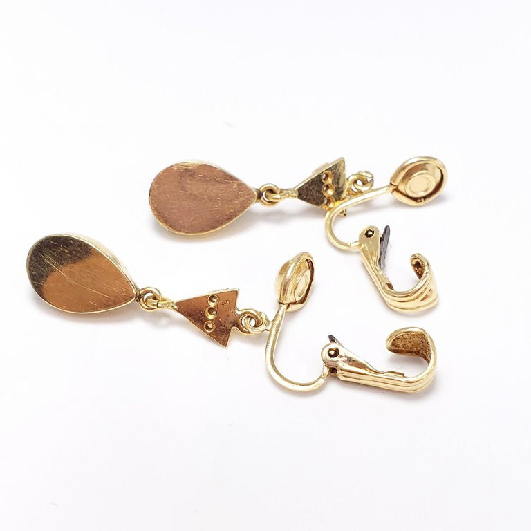 Vintage Opal and Diamond Dangling Teardrop Clip-On Earrings in 14 Karat Gold