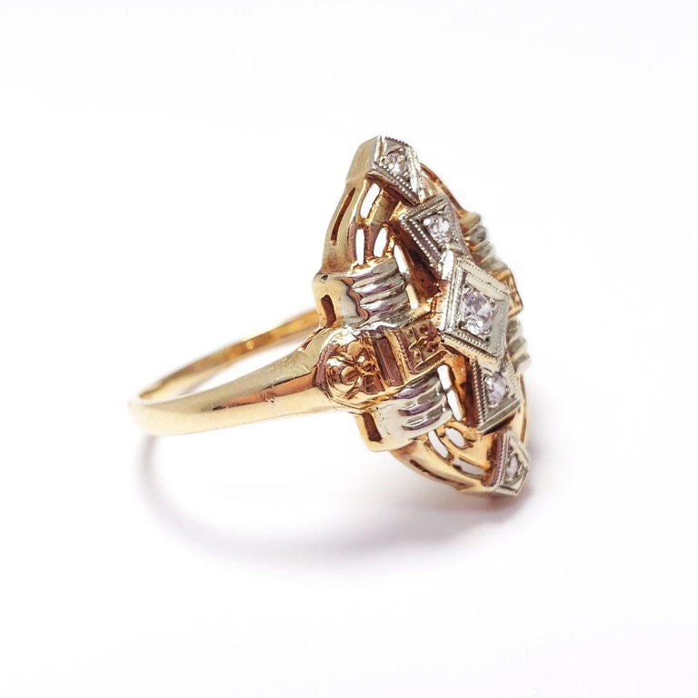 Art Deco .13 Carat Diamond Statement Ring in 14 Karat Gold and Platinum