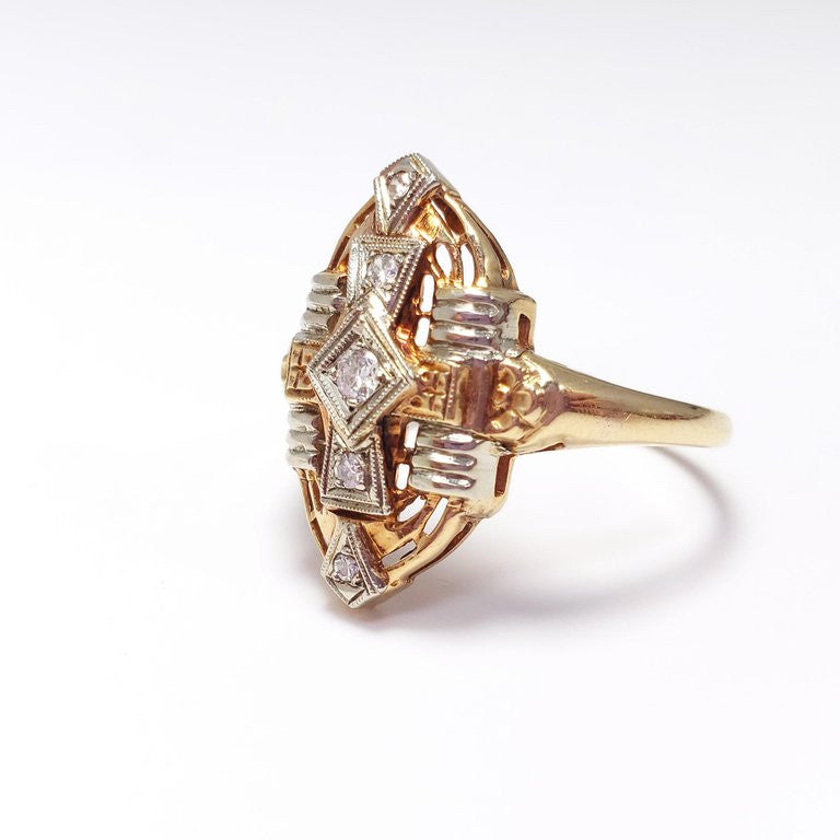 Art Deco .13 Carat Diamond Statement Ring in 14 Karat Gold and Platinum