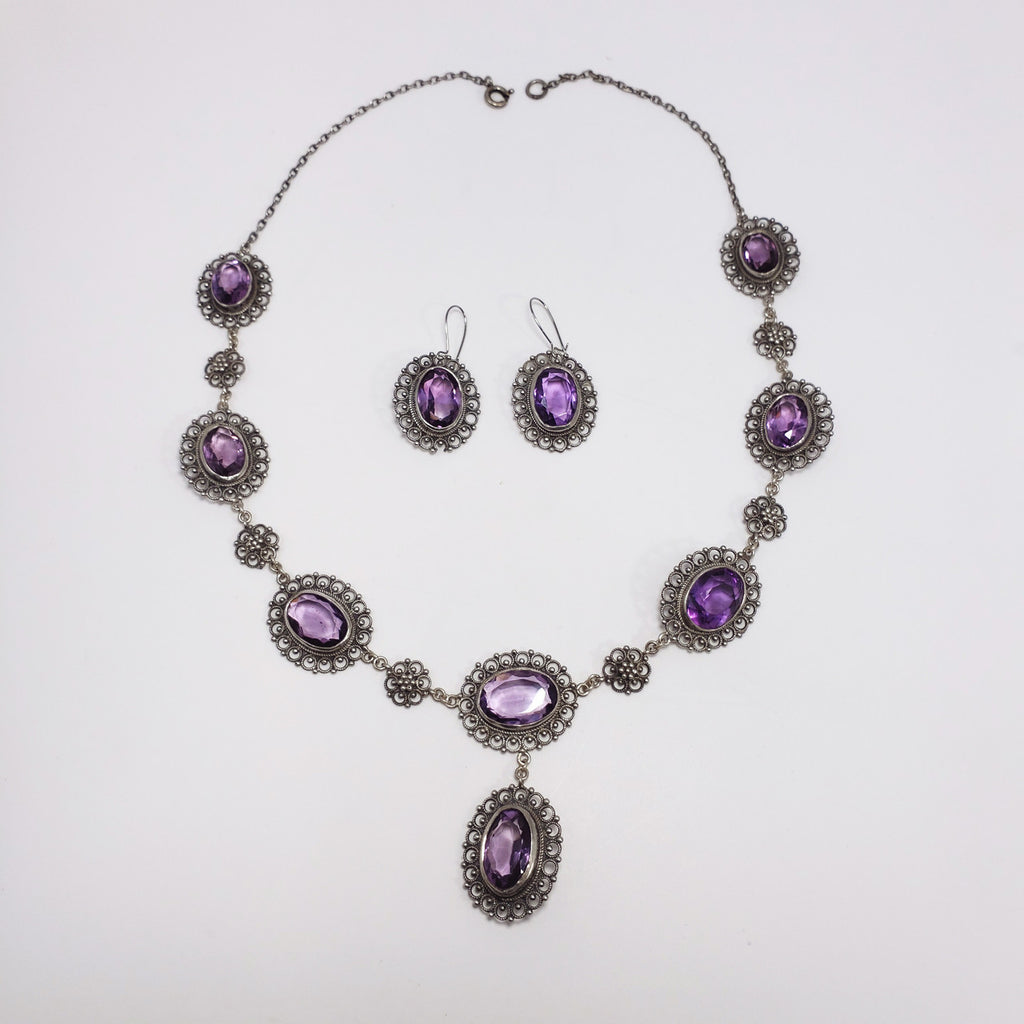 Antique Victorian Genuine Amethyst 800 Silver Demi Parure Earrings Necklace