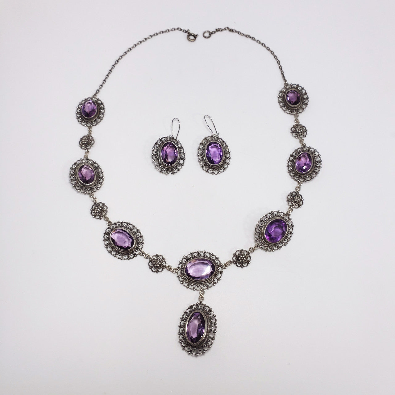 Antique Victorian Genuine Amethyst 800 Silver Demi Parure Earrings Necklace
