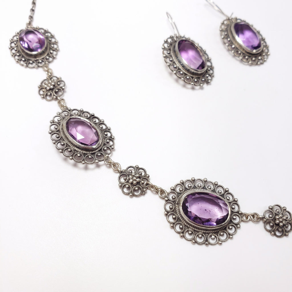 Antique Victorian Genuine Amethyst 800 Silver Demi Parure Earrings Necklace