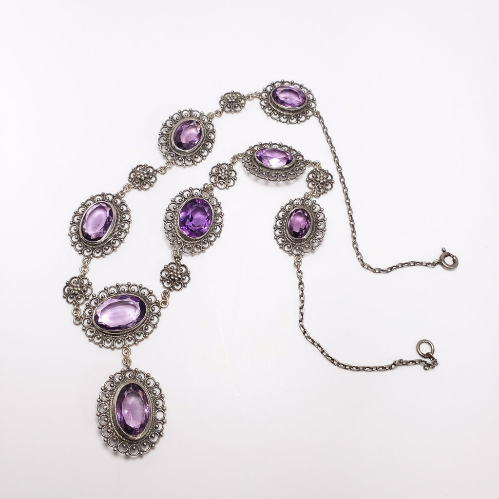 Antique Victorian Genuine Amethyst 800 Silver Demi Parure Earrings Necklace