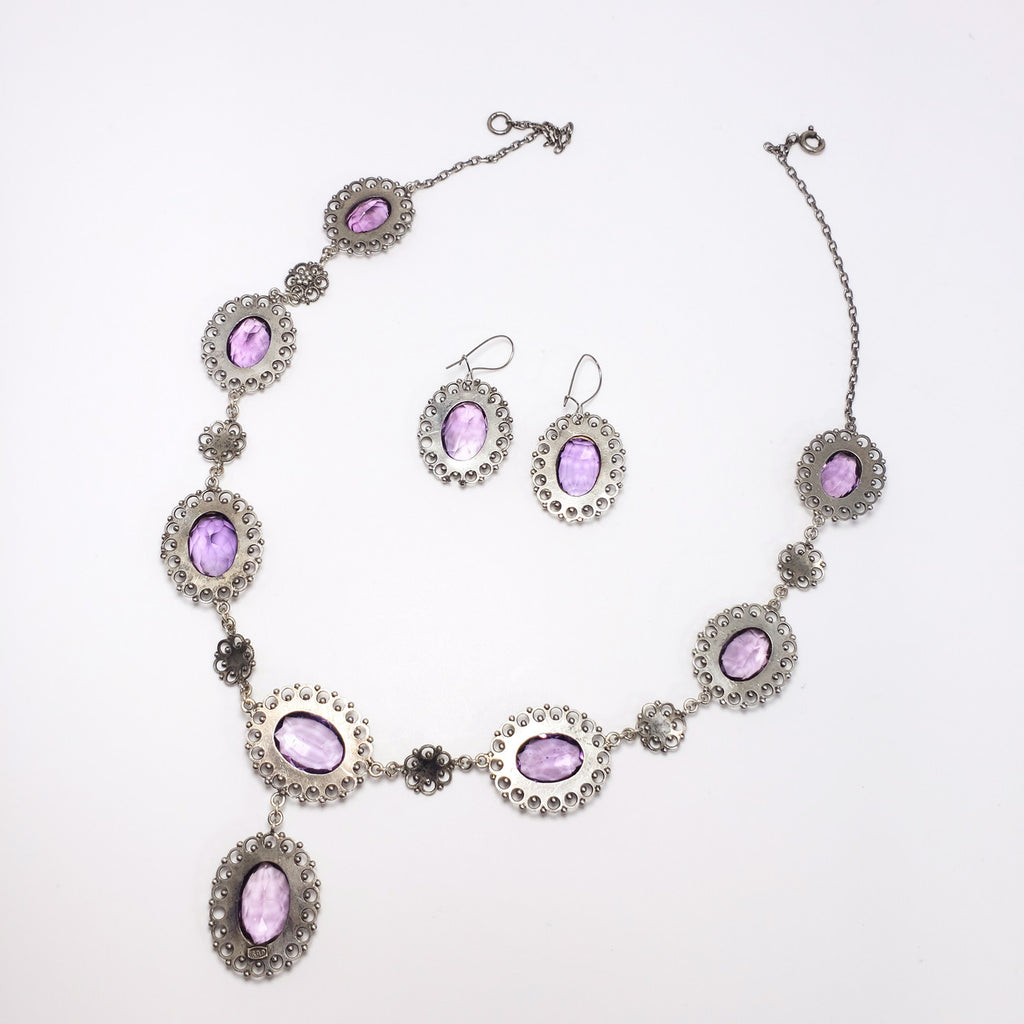 Antique Victorian Genuine Amethyst 800 Silver Demi Parure Earrings Necklace