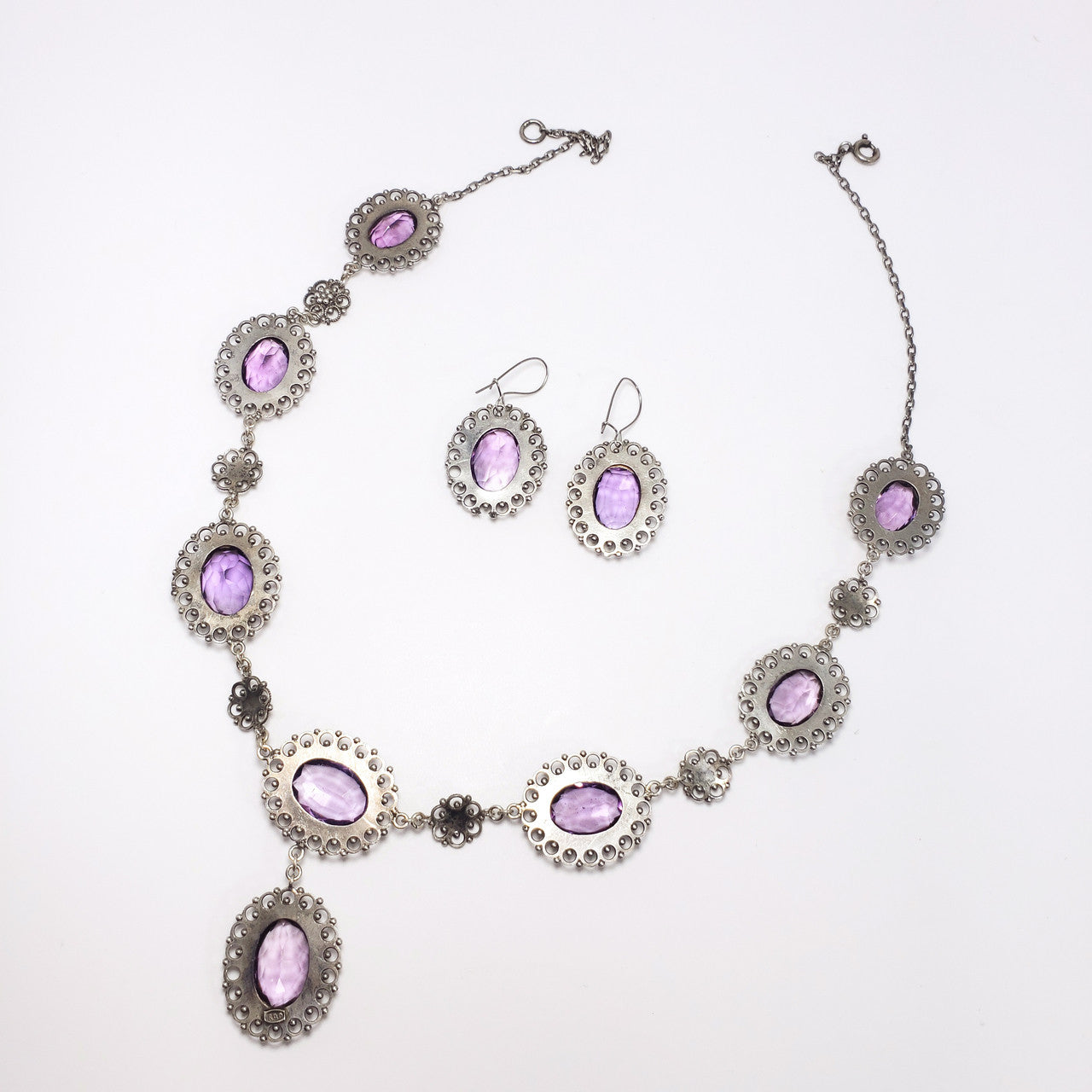 Antique Victorian Genuine Amethyst 800 Silver Demi Parure Earrings Necklace