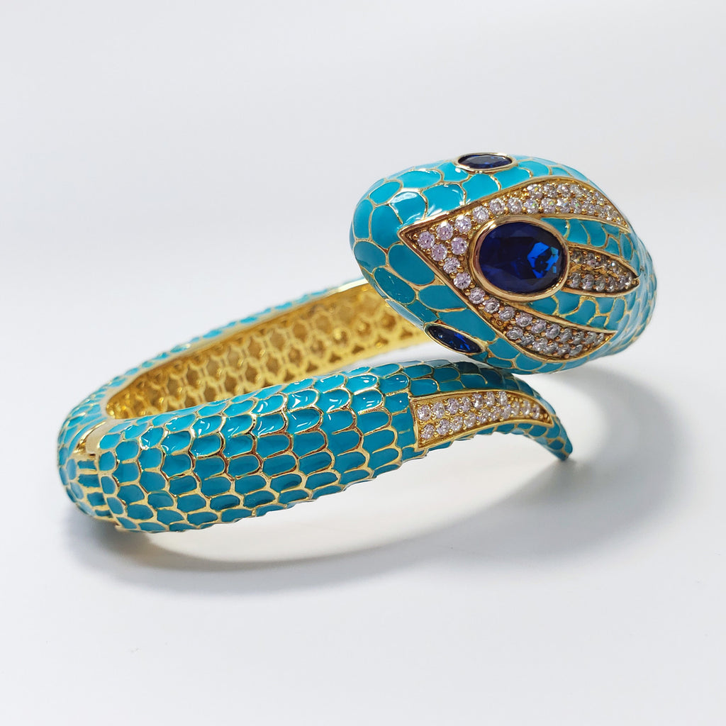 CZ by Kenneth Jay Lane KJL Cubic Zirconia Turquoise Coiled Snake Bangle Bracelet