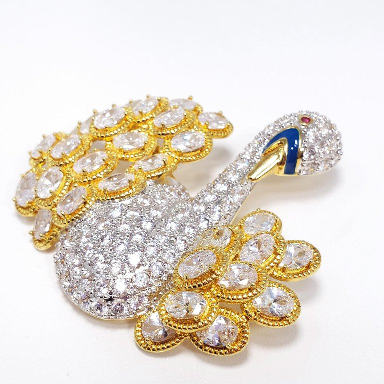 KJL Kenneth Jay Lane Swan Pave Cubic Zirconia & Enamel Pin Brooch in Gold