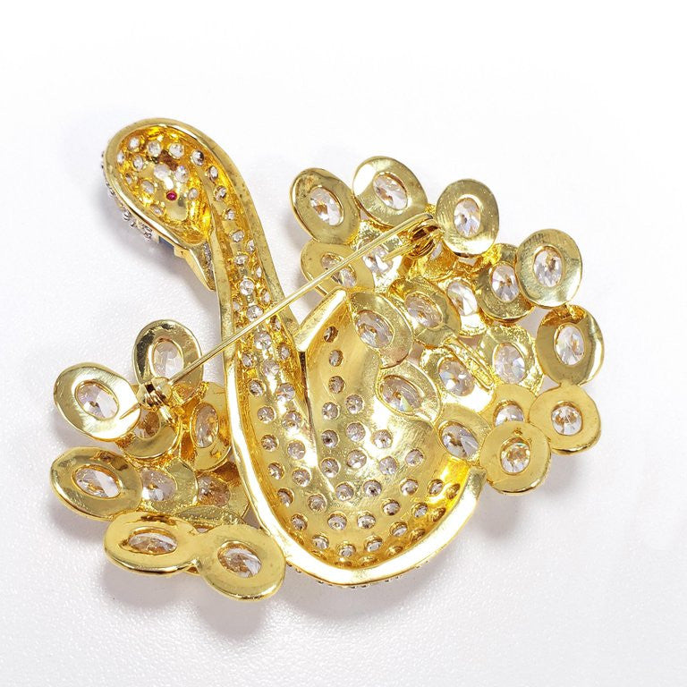 KJL Kenneth Jay Lane Swan Pave Cubic Zirconia & Enamel Pin Brooch in Gold