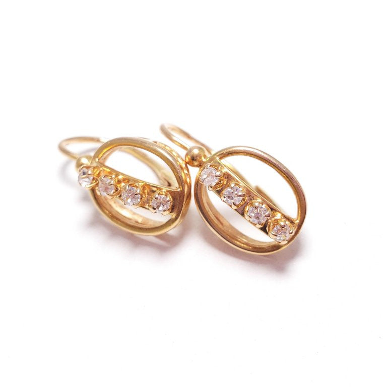 Soviet Era 583 Gold Fianit Russian Earrings Hinged Hook Closure, circa 1970s