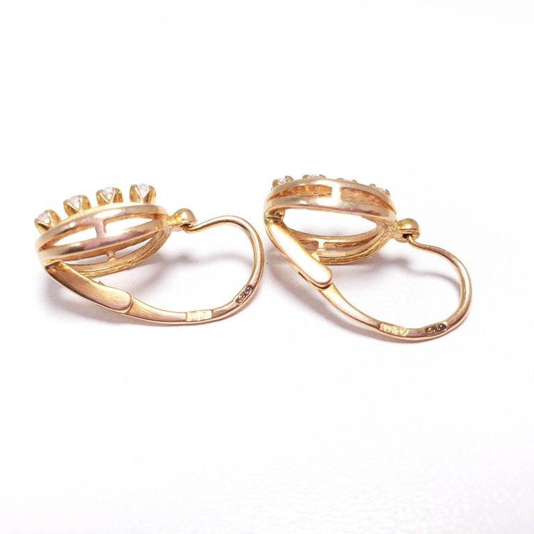 Soviet Era 583 Gold Fianit Russian Earrings Hinged Hook Closure, circa 1970s