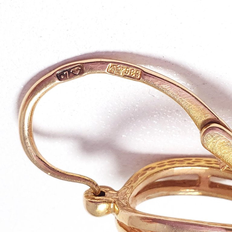 Soviet Era 583 Gold Fianit Russian Earrings Hinged Hook Closure, circa 1970s