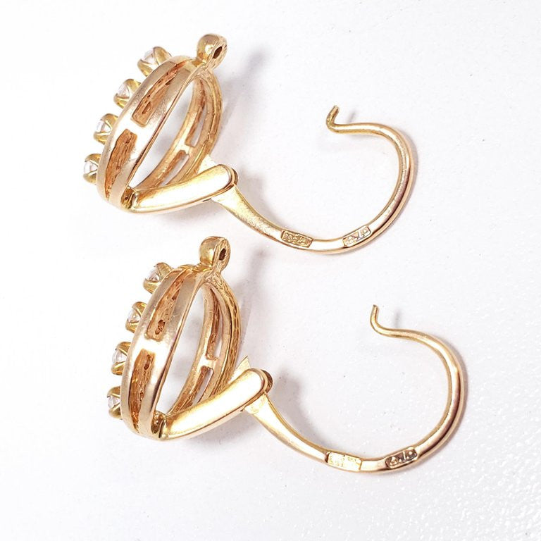 Soviet Era 583 Gold Fianit Russian Earrings Hinged Hook Closure, circa 1970s