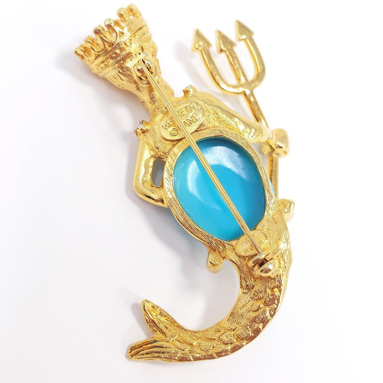 KJL Kenneth Jay Lane Poseidon Crystal and Turquoise Cabochon Goldtone Brooch Pin