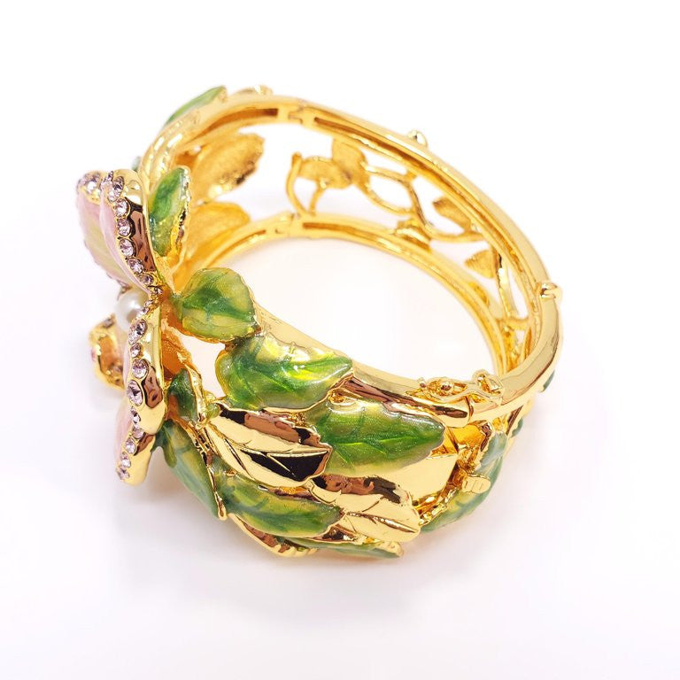 Jay Strongwater “Spring Blossom” Enamel and Crystal Green Flower Bracelet