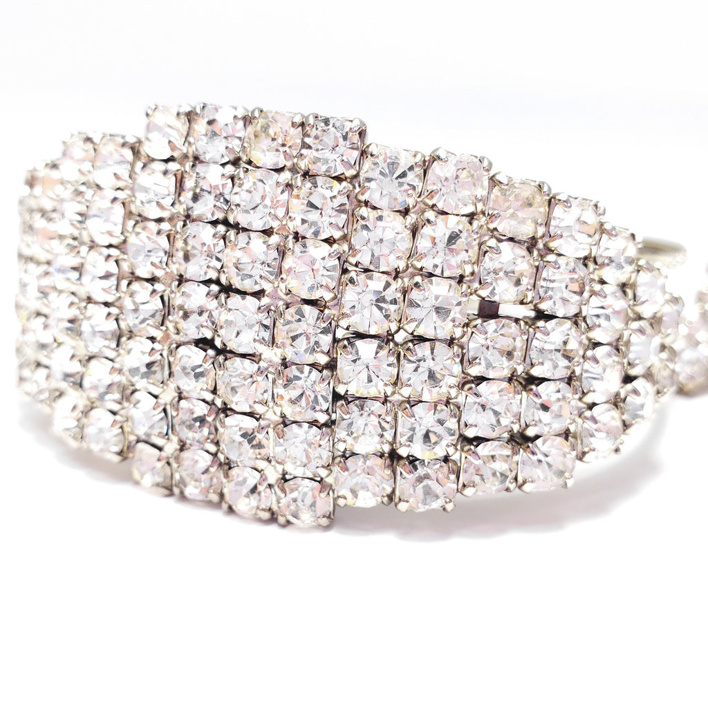 Art Deco Demi Parure Pave Clear Crystal Geometric Clip On Earrings and Bracelet