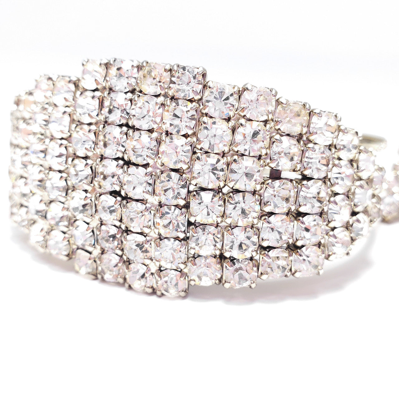 Art Deco Demi Parure Pave Clear Crystal Geometric Clip On Earrings and Bracelet