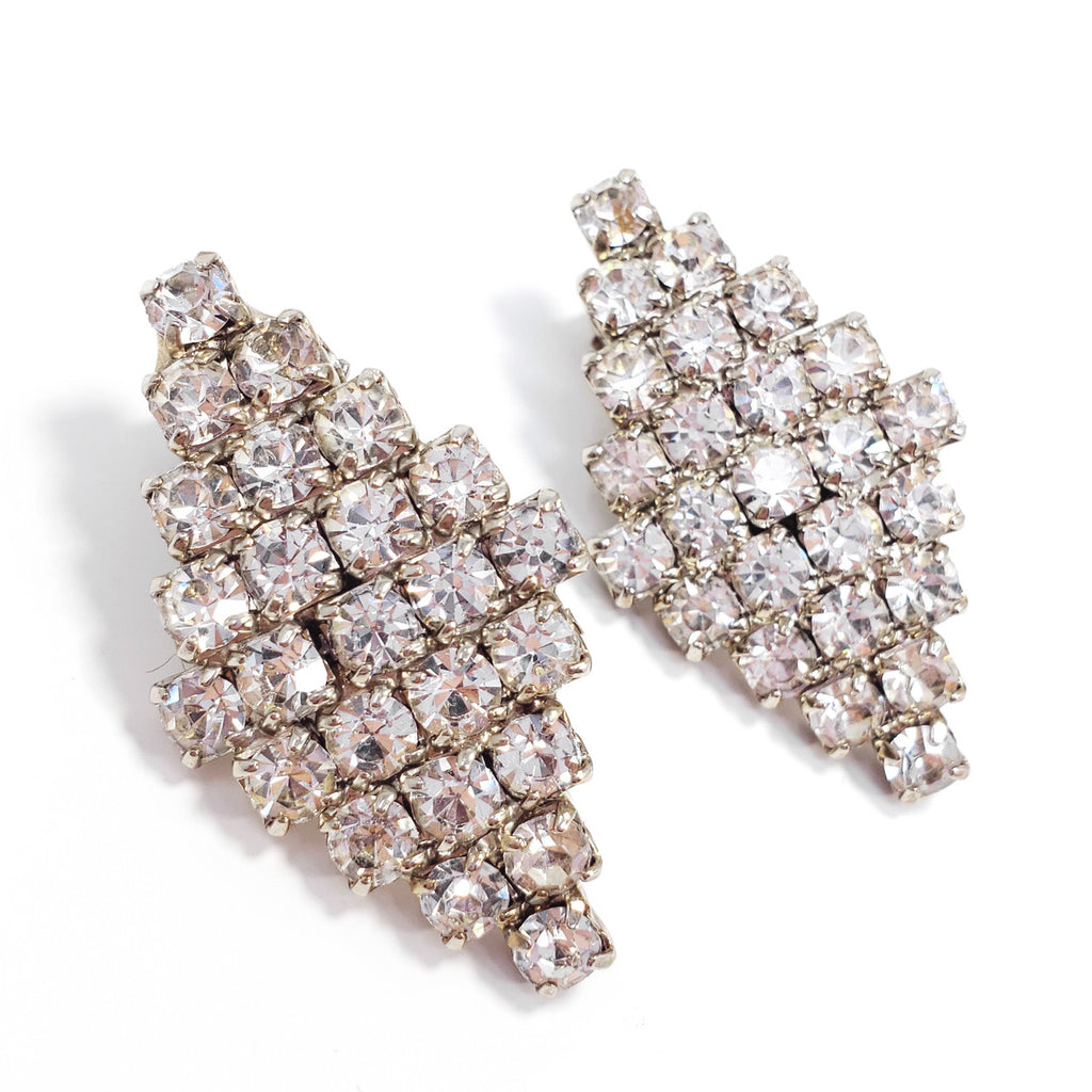 Art Deco Demi Parure Pave Clear Crystal Geometric Clip On Earrings and Bracelet
