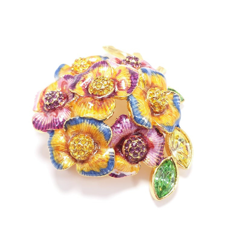 Jay Strongwater Pansy Flower Bouquet Enamel and Crystal Brooch, Pin, Pendant